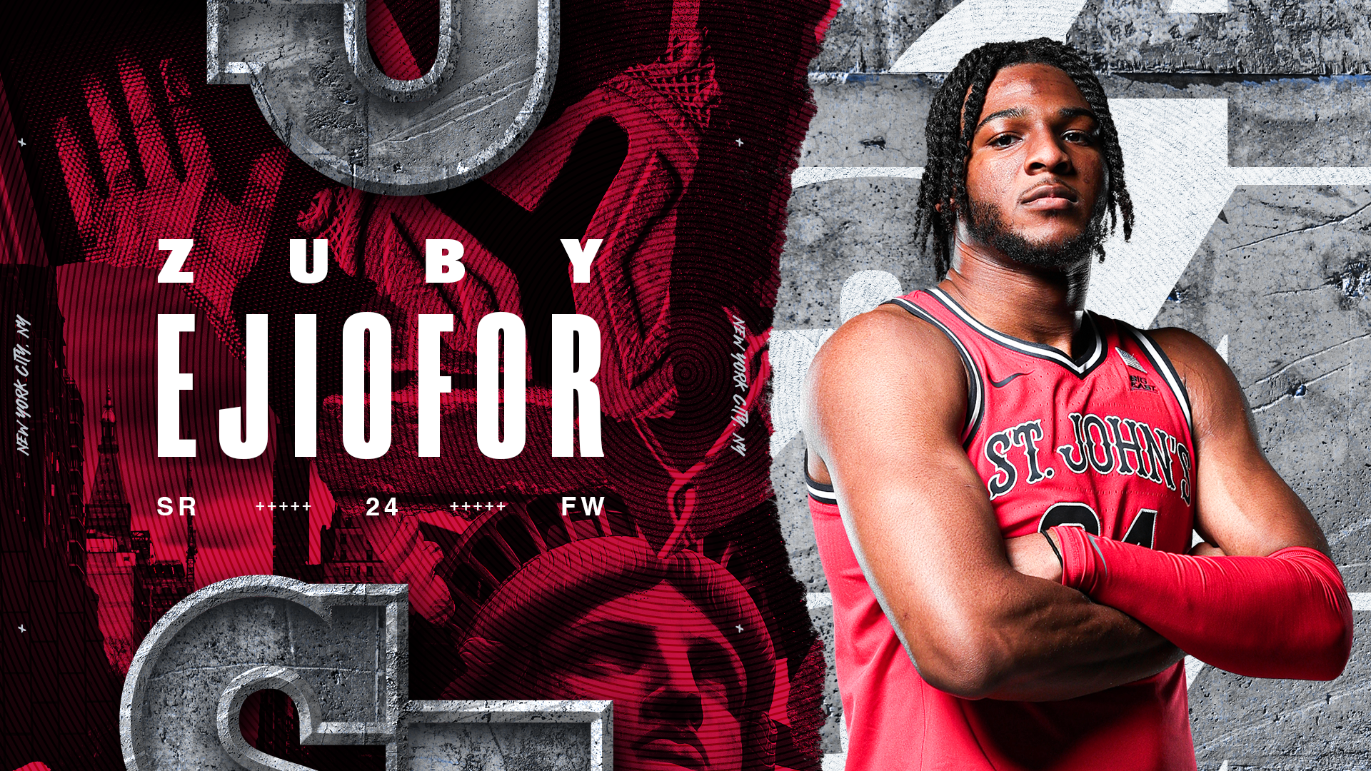 A basketball player with dark hair and a beard, wearing a red St. John's University basketball uniform with the number 34, standing against a concrete wall with his arms crossed.