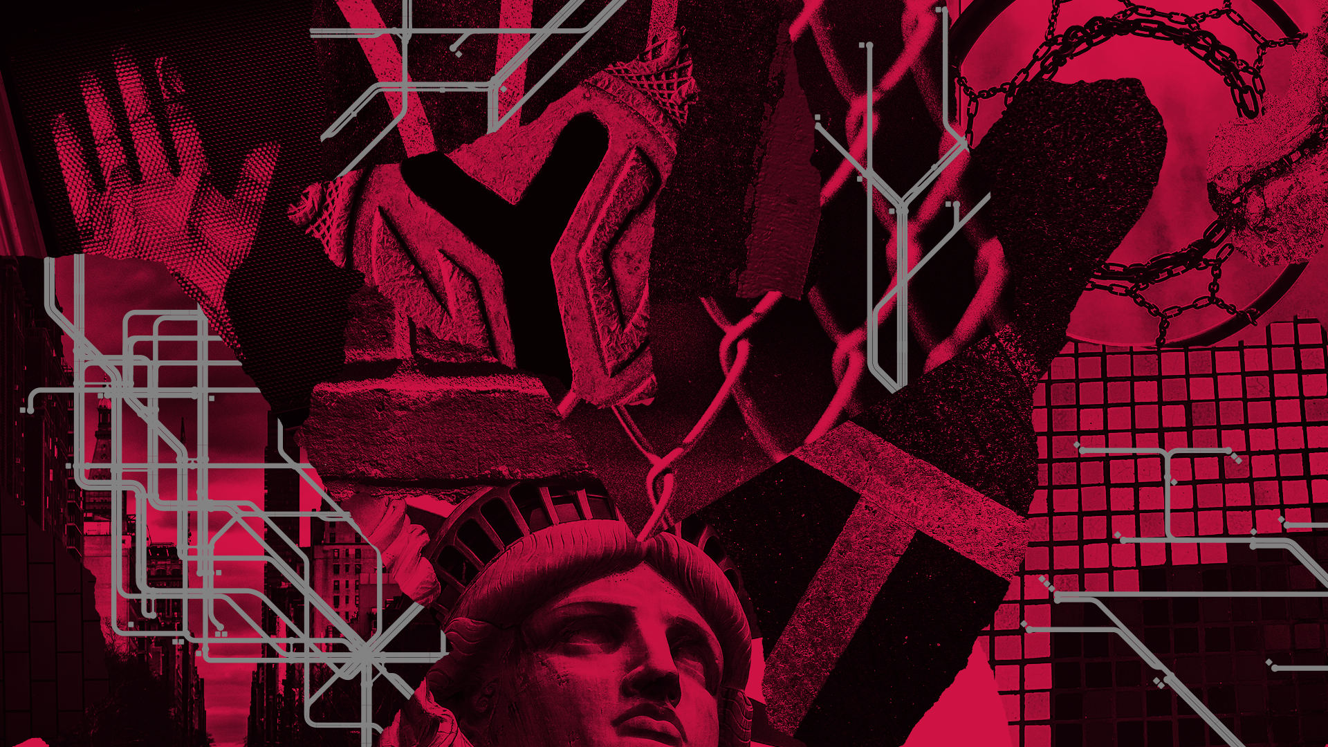 Collage of protest images with a statue of liberty, hand in front of a city skyline, a broken heart with chains, and overlapping circuit lines, all in a red and black color scheme.