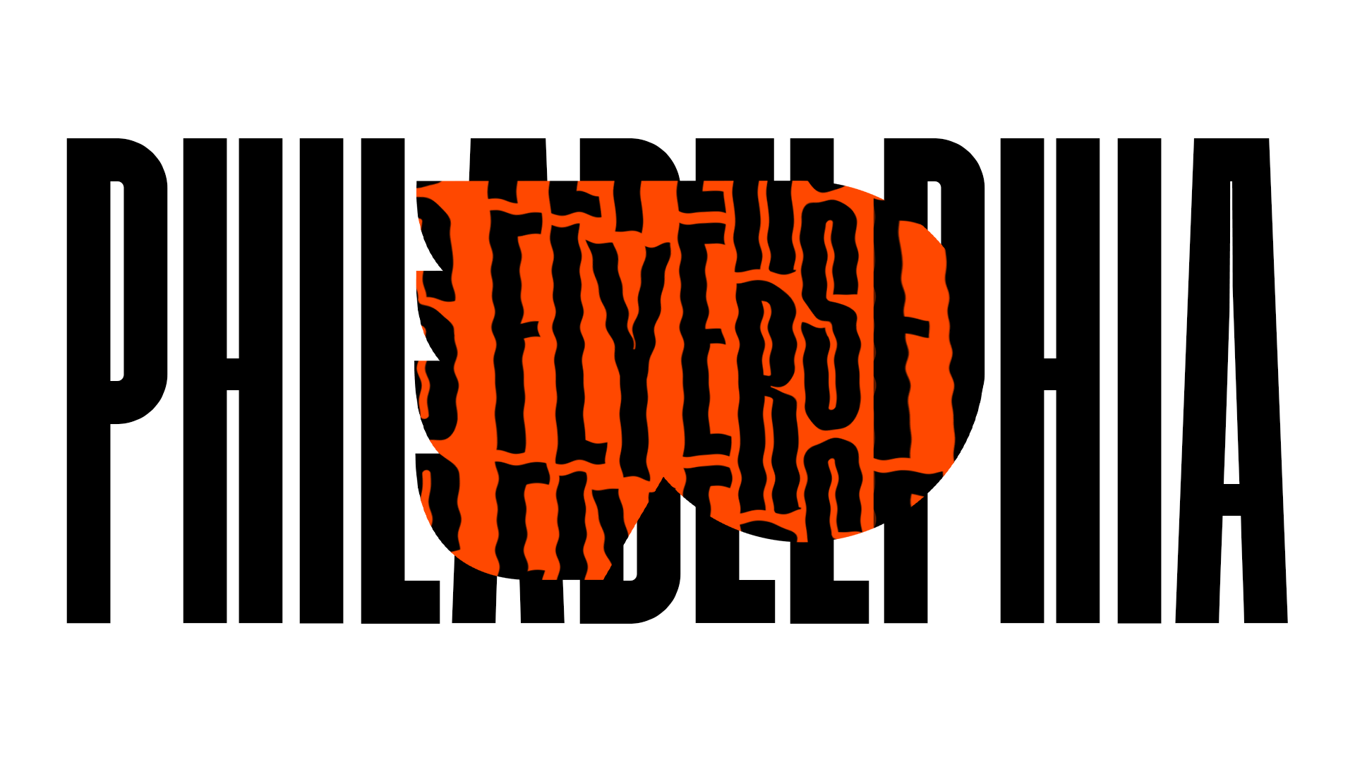 Text design with large black letters spelling 'PHILADELPHIA' and a central circular shape with orange and black abstract pattern overlapping the word.