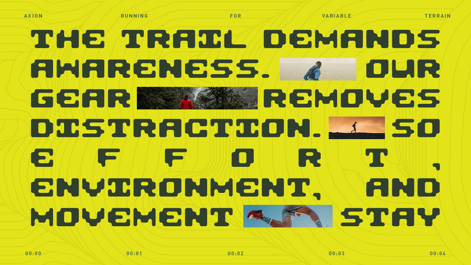 Text overlaying a yellow background with a topographic pattern, with several images of people running or hiking, featuring phrases about the environment and movement.