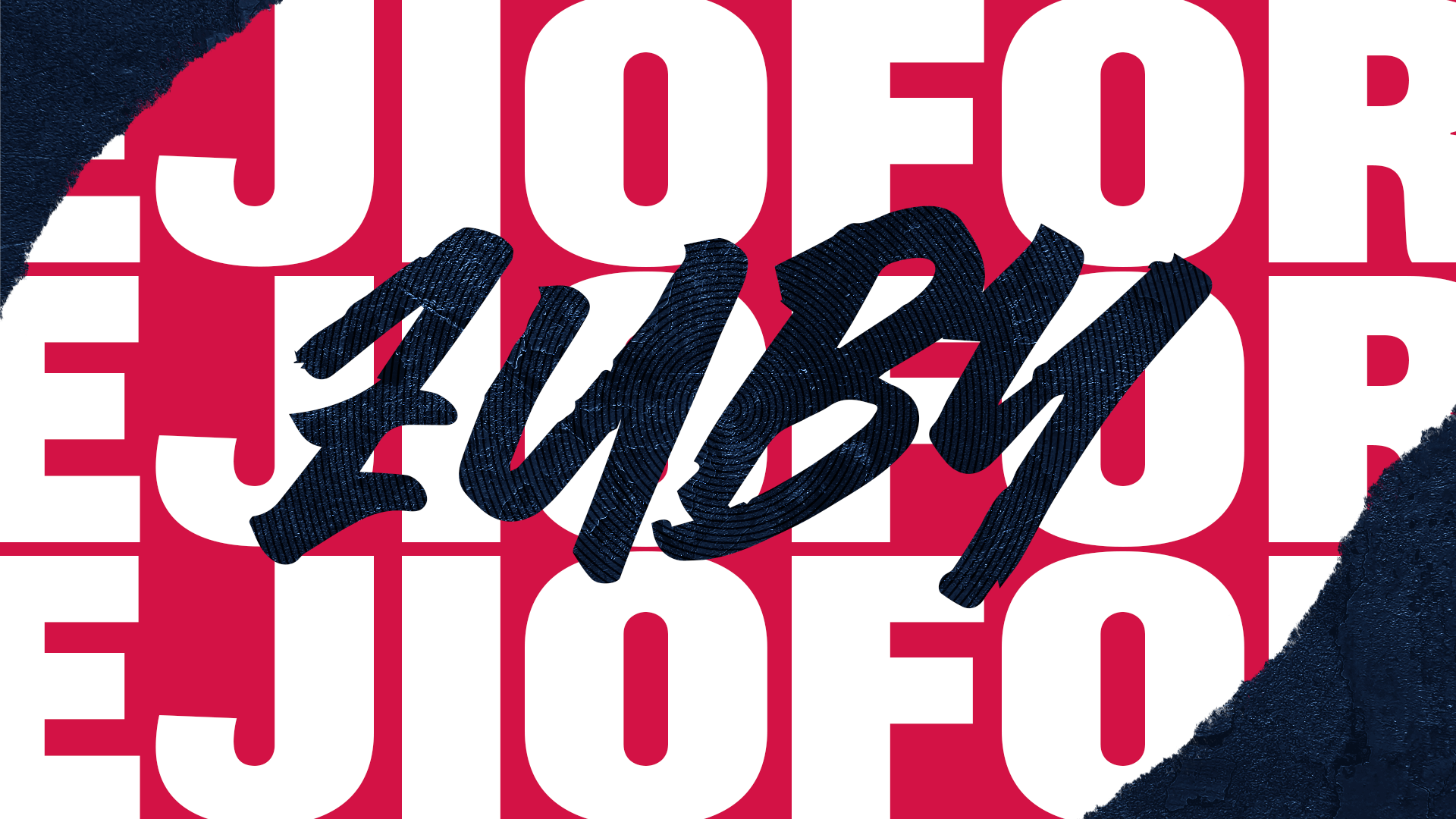 Graphic with large white and red text reading 'JOFOR' on a pink background, with a stylized handwritten word 'FUCK!' in dark textured letters overlaying the text. Torn black textured paper corners on top left and bottom right.