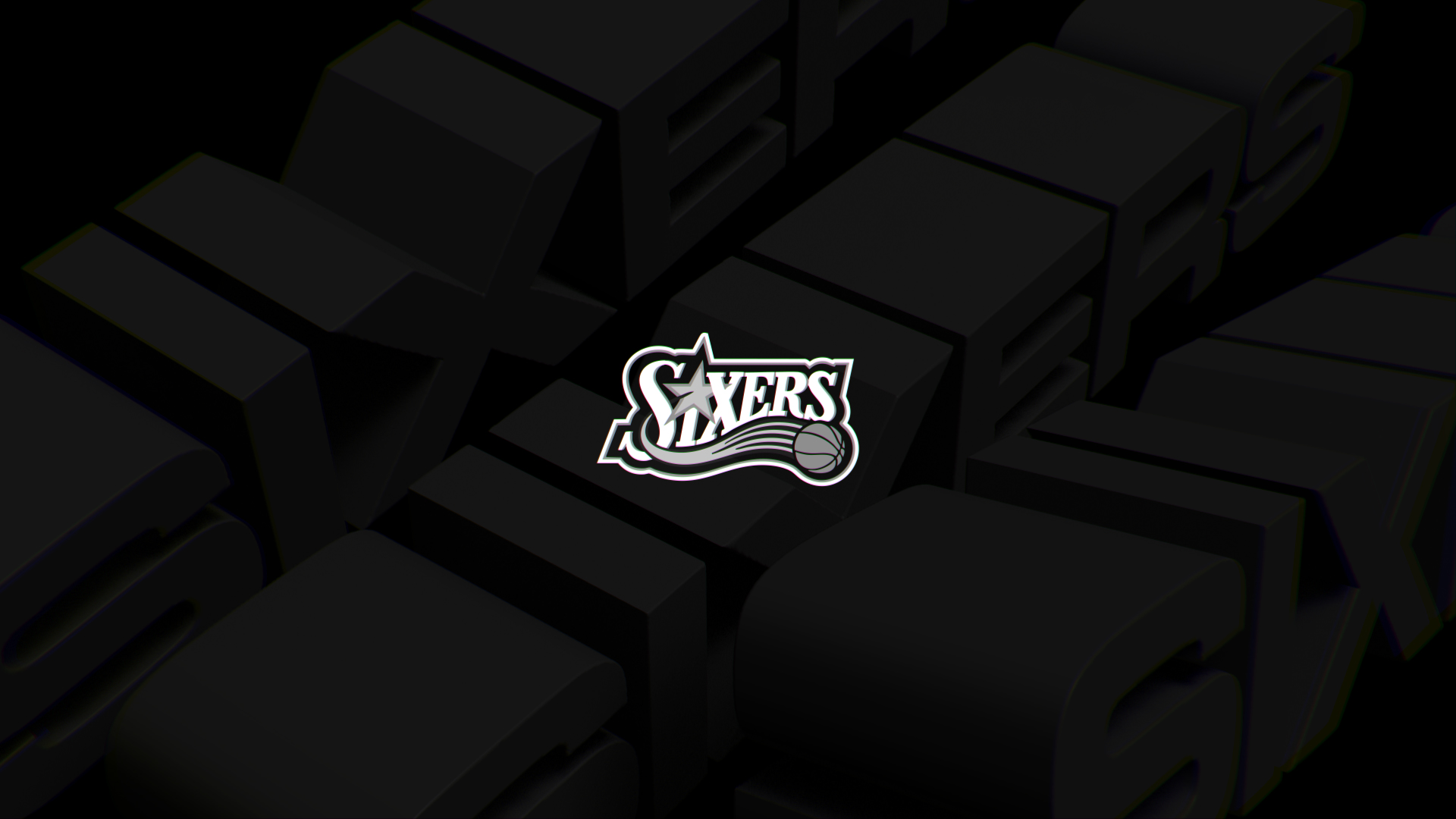 Dark background with faint black 3D letters forming the word 'SUCKS' and the Philadelphia 76ers logo in the center.