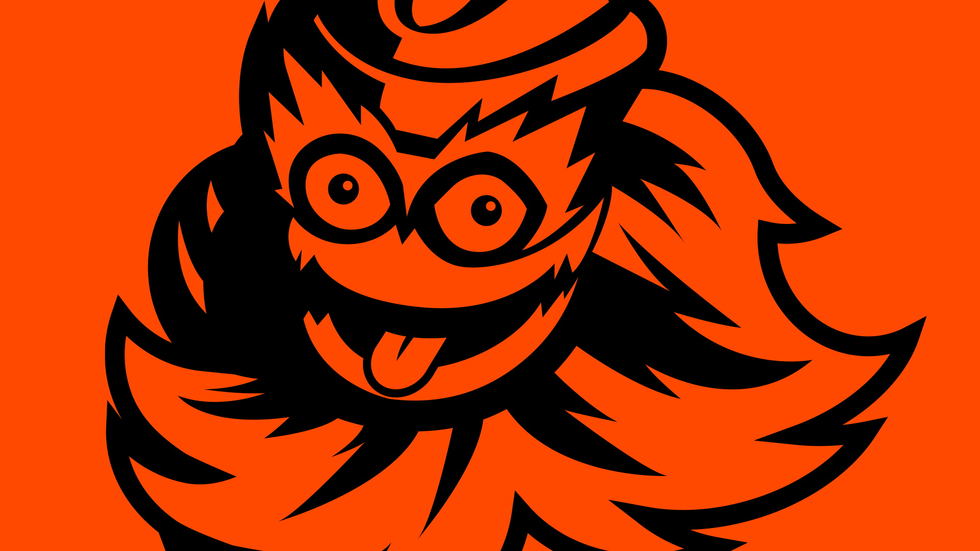 A stylized, cartoonish illustration of a grinning lion with a mane, wearing glasses and a hat, with its tongue sticking out, set against an orange background.