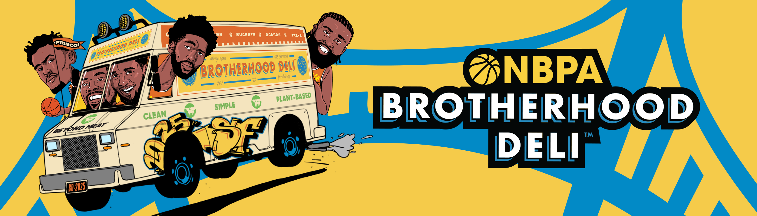 Illustration of a yellow van with four men's faces as the driver and passengers, with slogans like 'Beyond Meat' and 'Simple Plant-Based' on the van, and sports-themed graphics. The van appears to be racing, with the words '25 SF' on the side, and the background featuring blue and yellow geometric shapes. The text 'NBPA Brotherhood Deli' is displayed prominently next to the van.