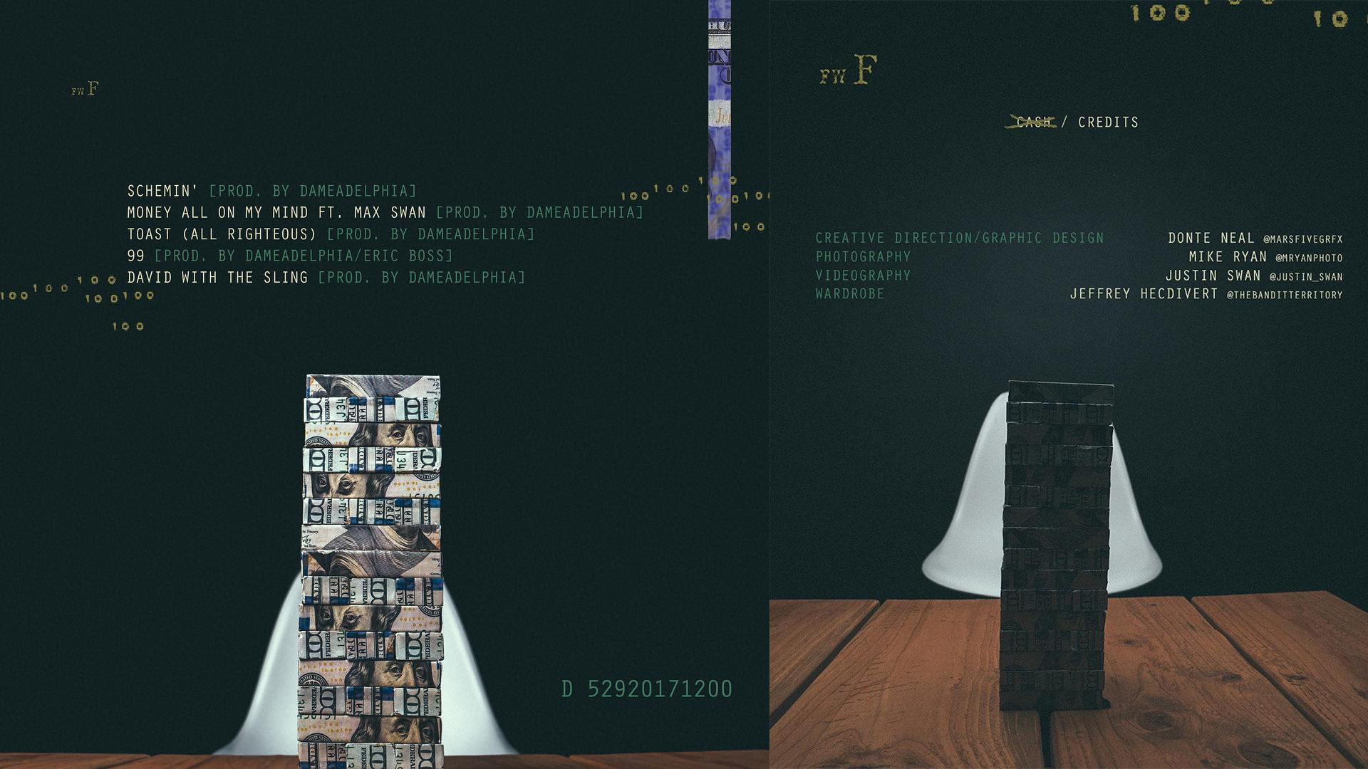 A graphic design with a dark background and a wooden surface. A tall stack of ten-dollar bills is positioned in the center, and a white chair is behind it. The image also includes text about music, production, and creative credits.