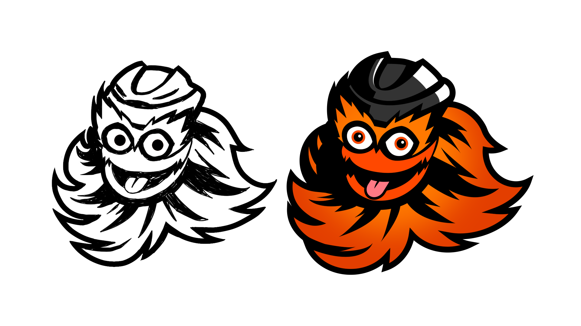 Coloring page of a friendly sasquatch character with a big fluffy body, large eyes, and sticking out tongue, shown in black and white on the left and fully colored with orange fur and wearing black sunglasses on the right.