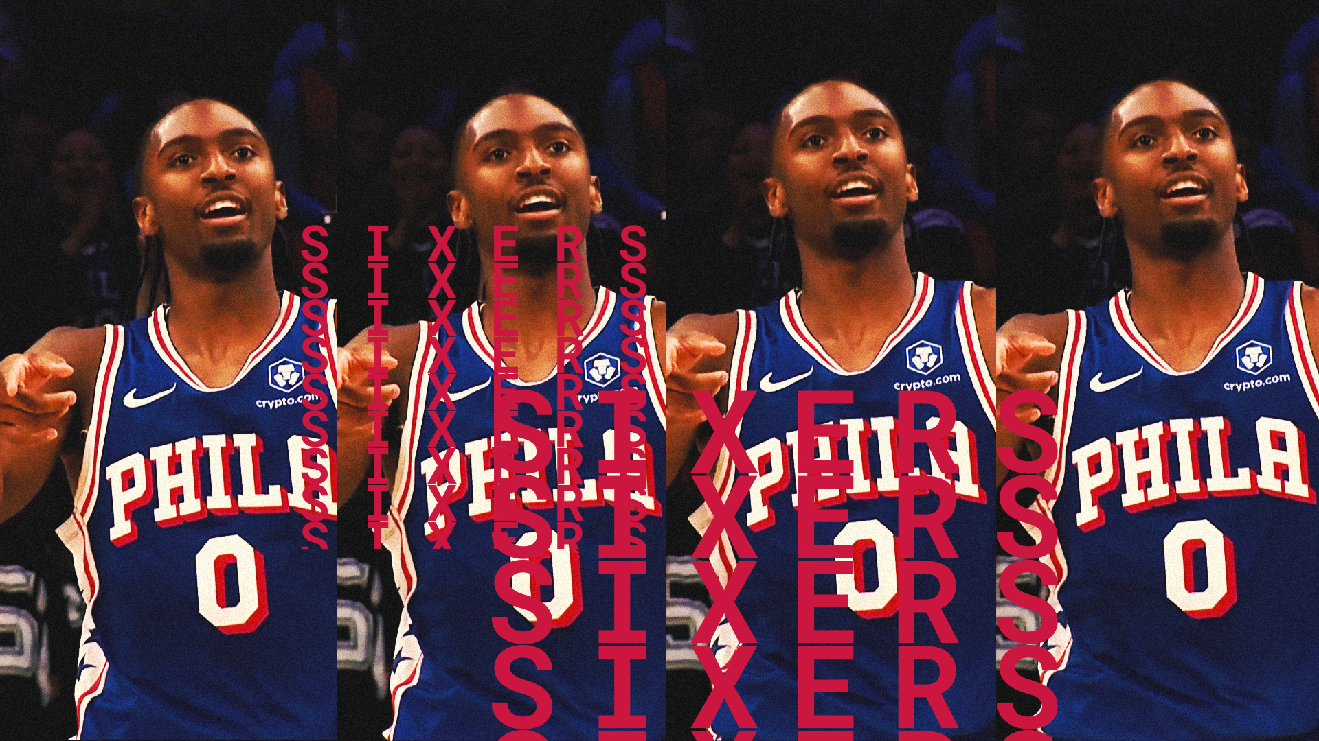 Four basketball players in blue Philadelphia 76ers jerseys with red and white accents, standing with clenched fists, in a dark arena background.