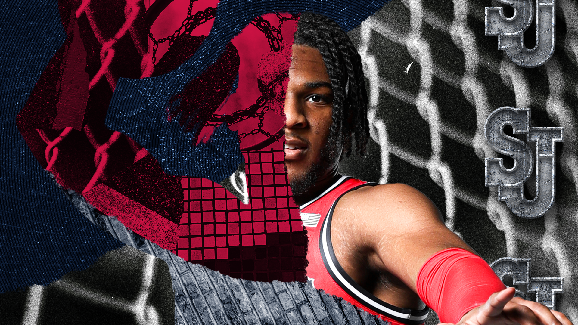 Close-up of a male athlete with a serious expression, wearing a red sports jersey and red arm sleeve, with a background featuring a chain-link fence and large metallic