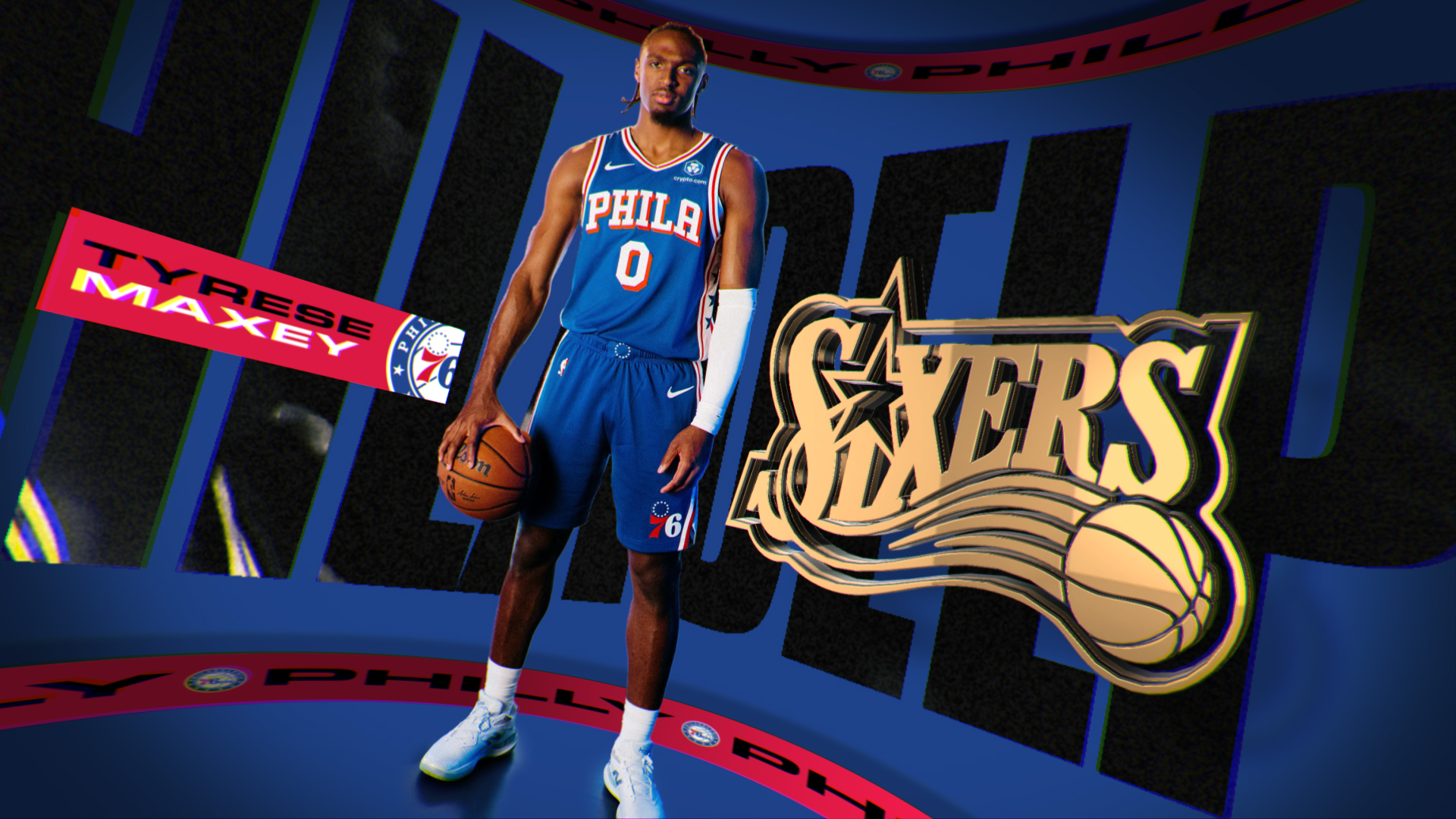 A digital graphic of a basketball player in a blue Philadelphia 76ers uniform holding a basketball. The background includes a stylized Philadelphia 76ers logo, a red banner reading 'Tyrese Maxey,' and the word 'Sixers' with a basketball graphic. The scene has a modern, energetic style.