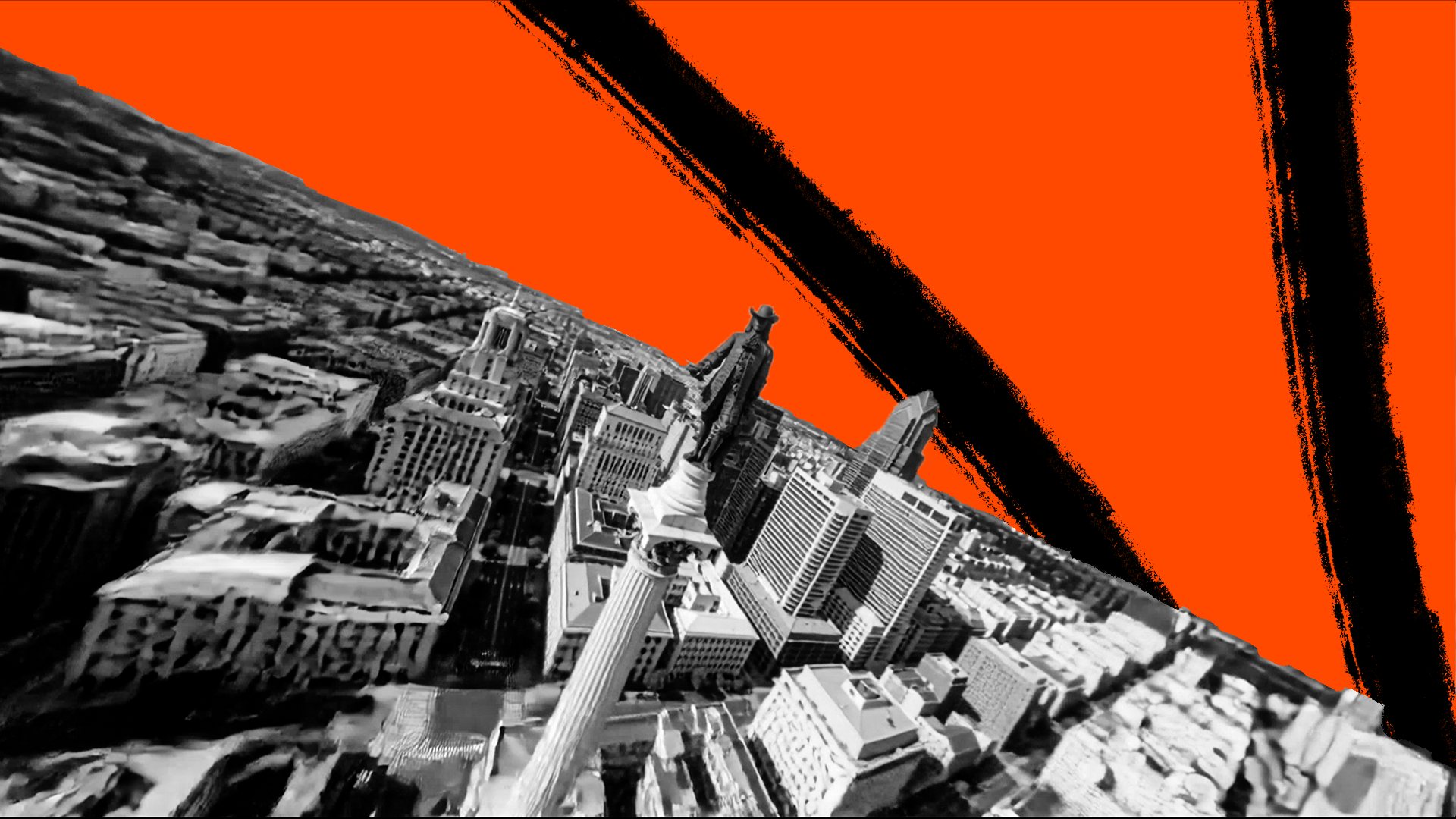 A black and white aerial photograph of a city skyline with a prominent tall column topped with a statue, set against a vibrant orange background with bold black brush strokes.