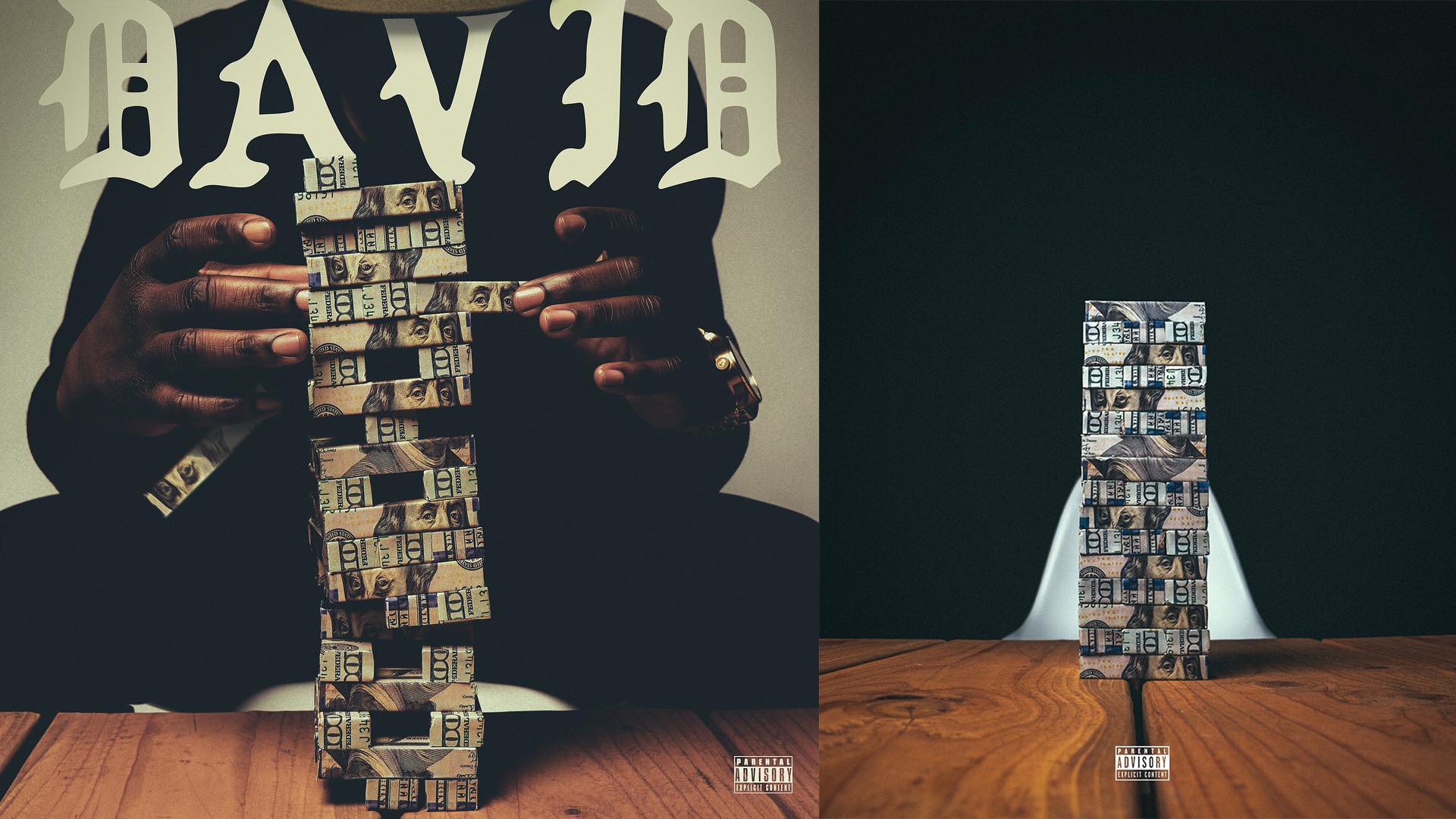 A person stacking edible arrangements of $100 bills into a tower, with the word 'HAVE' displayed above on a dark background; the tower is also placed on a wooden table, with a shadowed background and a typical 'Parental Advisory' label at the bottom.