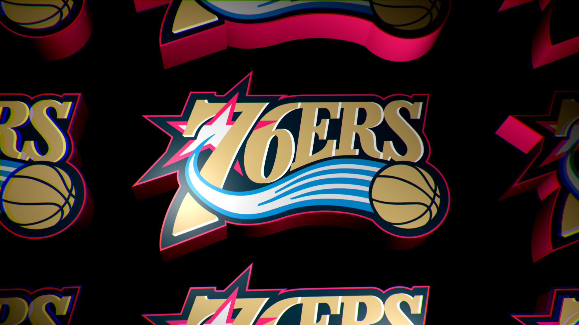 The image features multiple overlapping logos of the Philadelphia 76ers basketball team on a black background, with the prominent logo displaying the team's name, a basketball, and stylized lines.