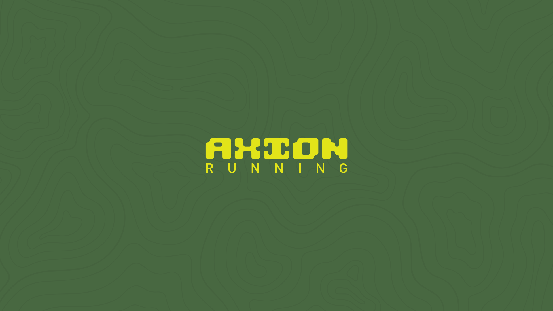 Green background with topographical map lines and the text 'AXION RUNNING' in yellow, bold, stylized font at the center.