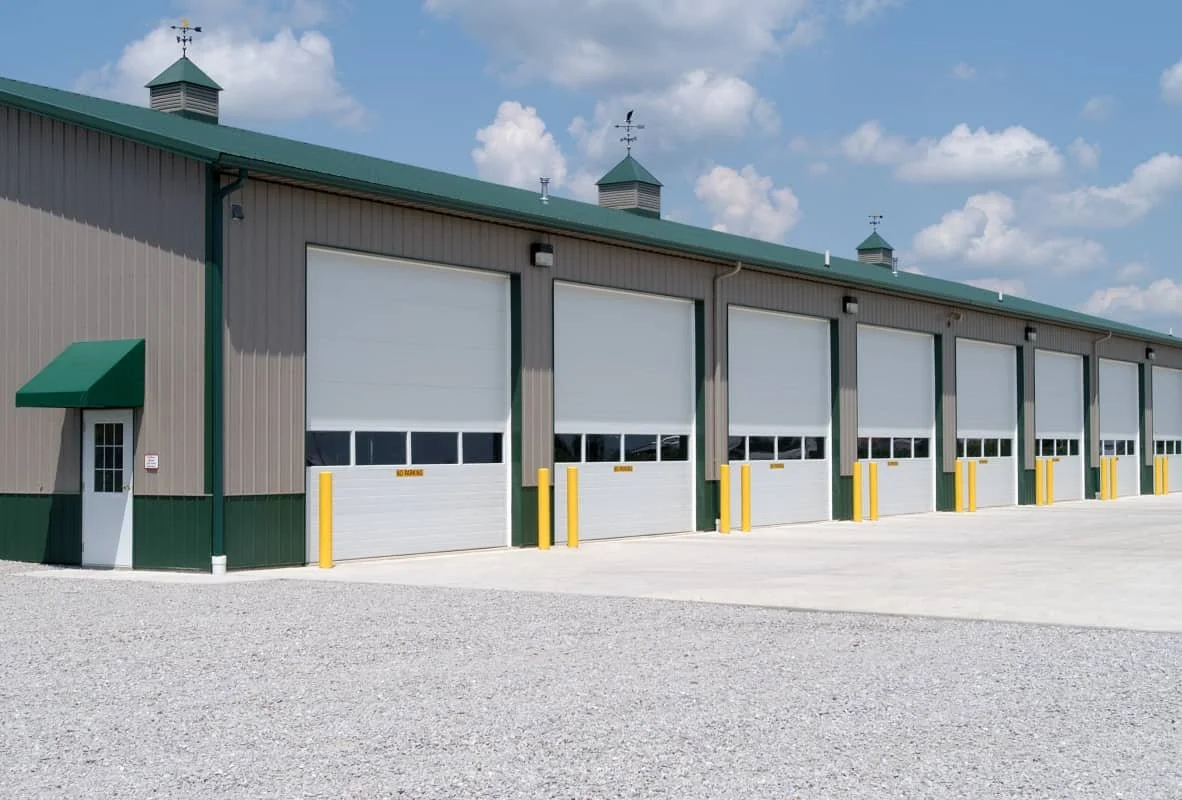 Insulated sandwich commercial garage door for energy-efficient building in Chicago, IL.