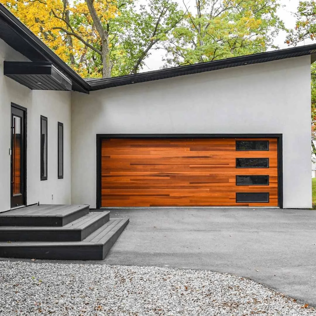 Wood-colored planks garage door with modern design in Chicago, IL.