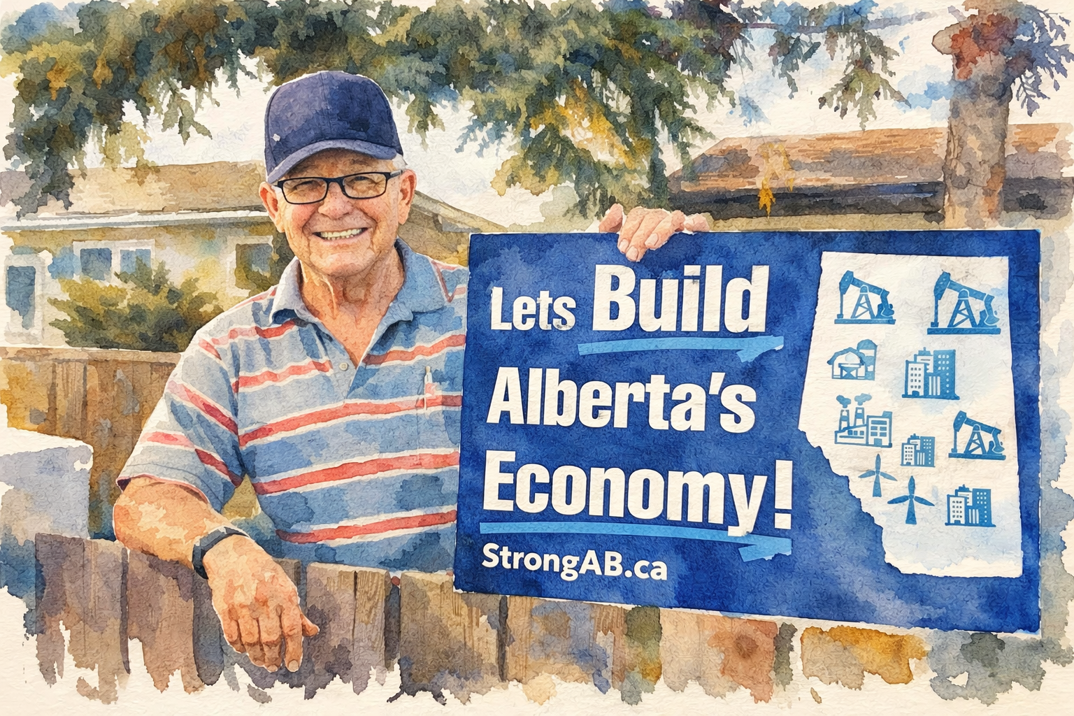 A smiling elderly man wearing glasses, a blue cap, and a colorful striped polo shirt holding a blue sign that reads 'Lets Build Alberta's Economy!' with icons of various industries and the website StrongAB.ca, standing outdoors in a neighborhood with
