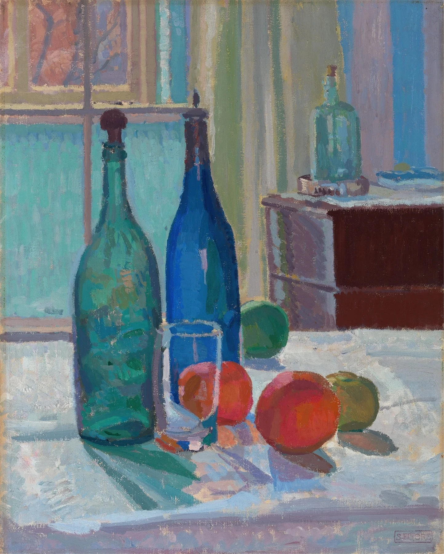 Blue and Green Bottles and Oranges (ca. 1914) Spencer Frederick Gore (English, 1878 - 1914)