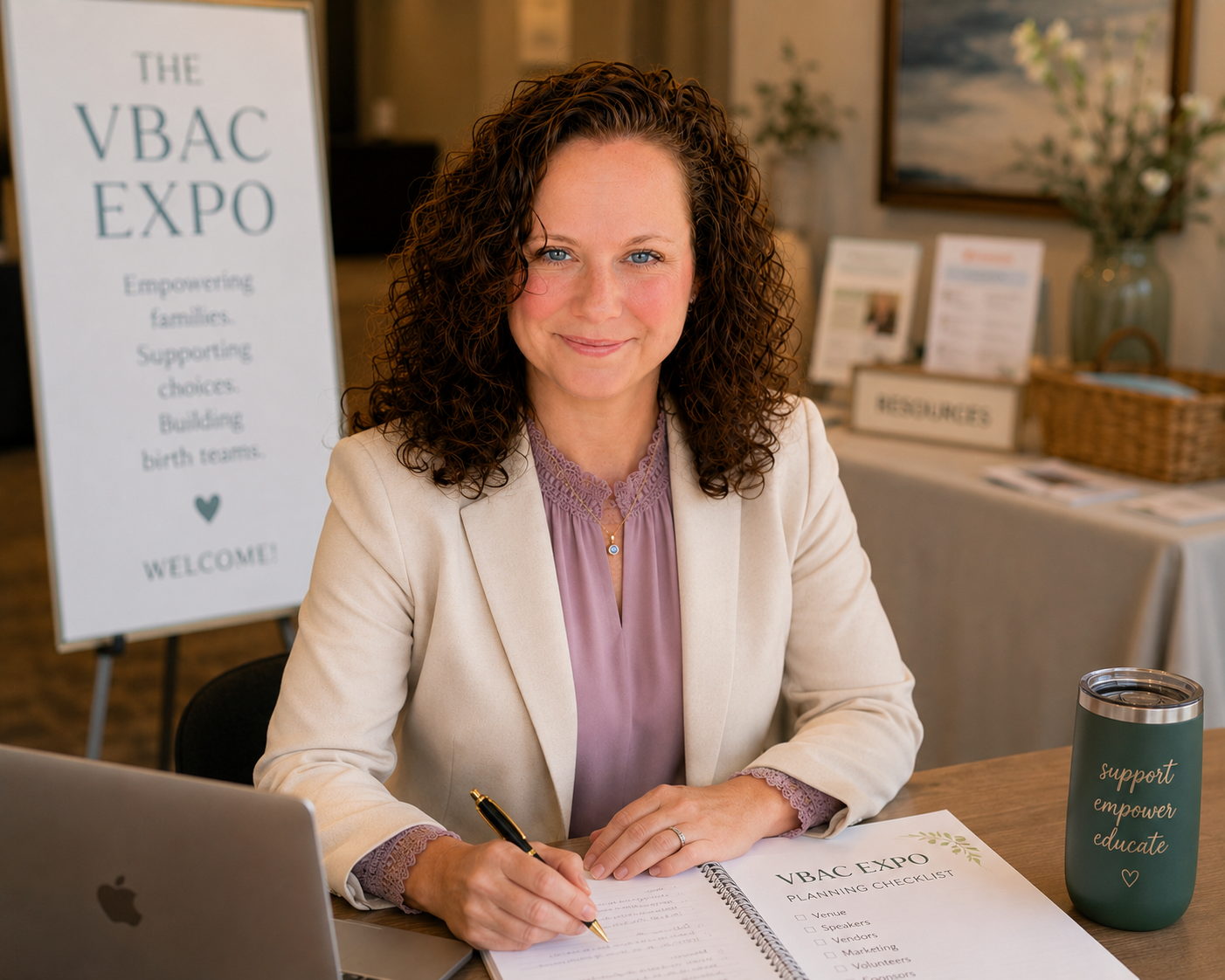 A woman with curly brown hair smiling at the camera, sitting at a table with a pen in her hand, an open planner, a laptop, and a tumbler. In the background, a sign reads 'The VBAC Expo' with a message about empowering families, supporting choices, and building birth teams.