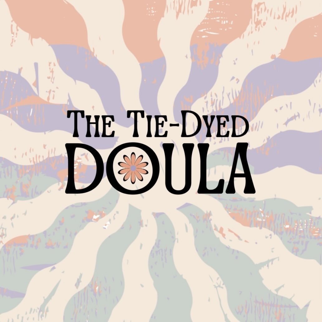 Title card for "The Tie-Dyed Doula" with a colorful, abstract tie-dye background and text overlay.