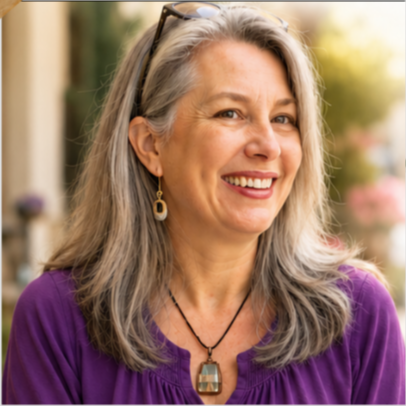 A smiling middle-aged woman with gray hair, wearing a purple top and jewelry, outdoors with blurred trees and bright sunlight in the background.