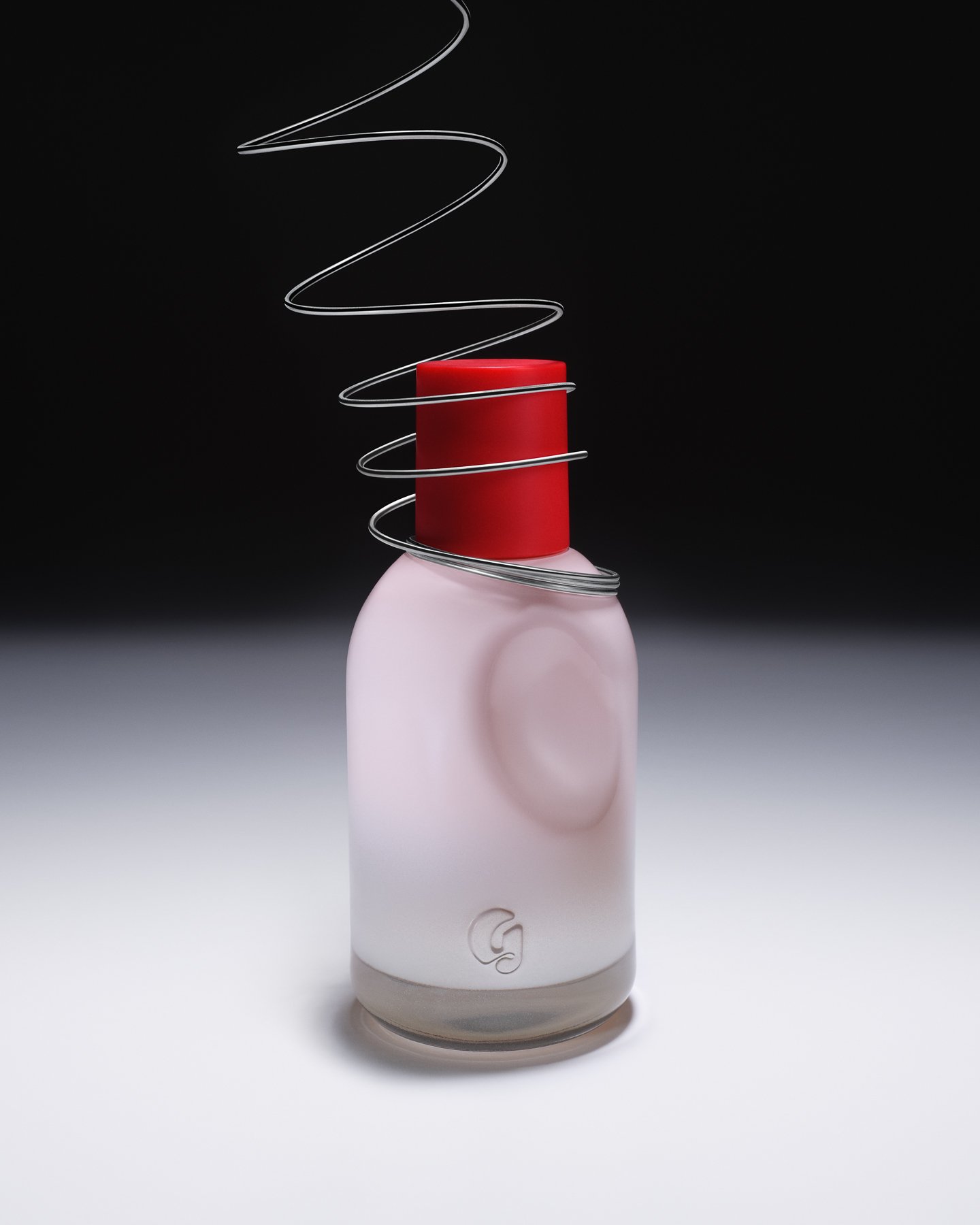 A frosted glass bottle with a red cap and a silver wire coiled around it, against a black background.