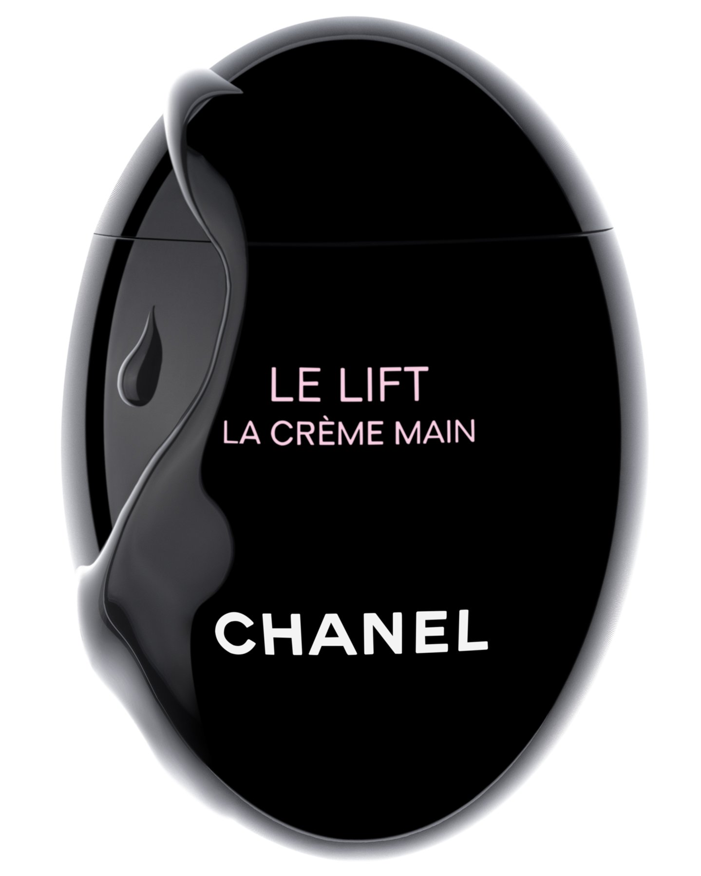 Chanel Le Lift hand cream jar with black packaging, pink and white text, and an illustration of a hand and a drop, highlighting it as a luxury skincare product.