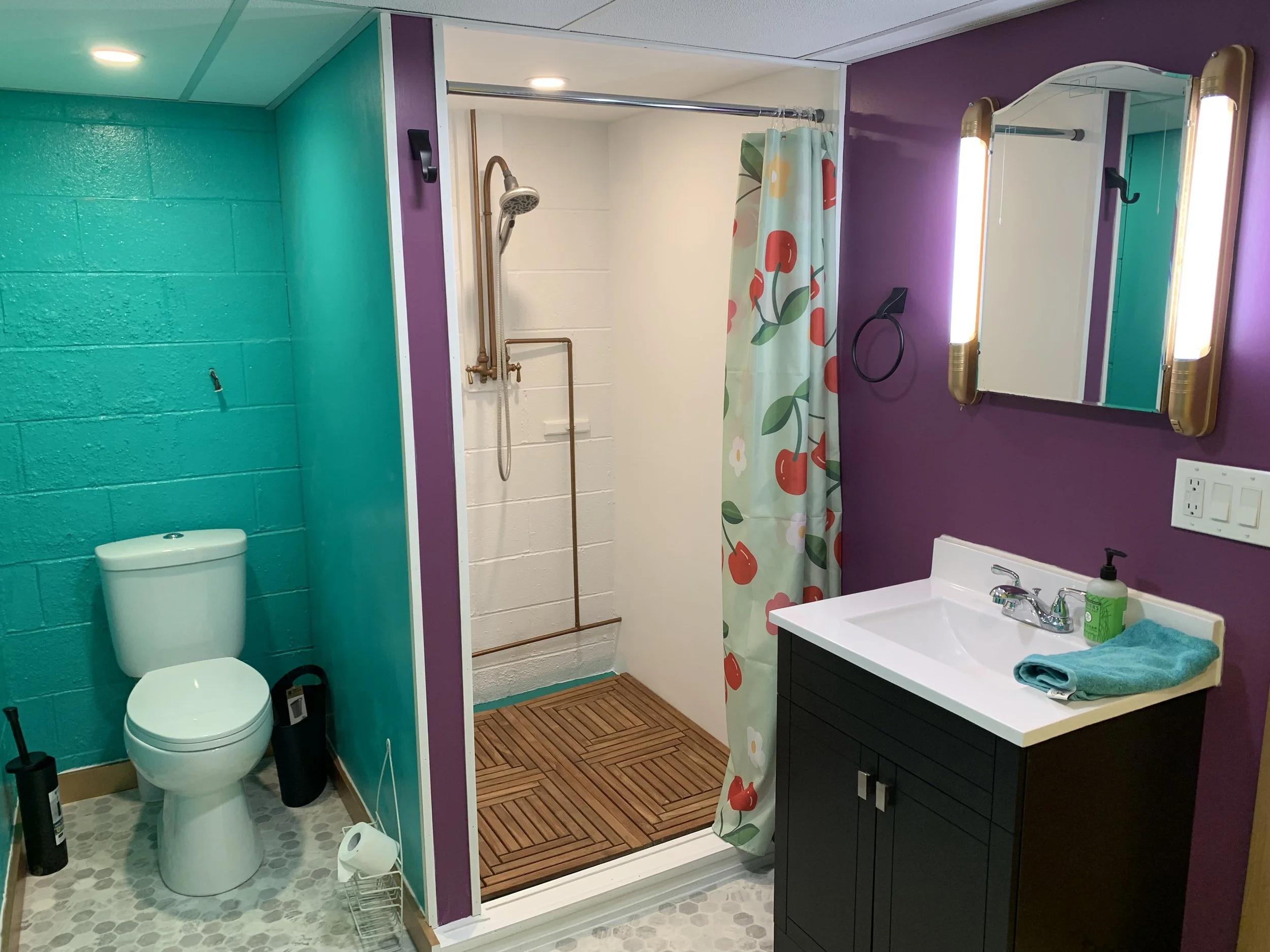 Colorful bathroom with teal and purple walls, a shower with a floral curtain, a black vanity with a white sink, a mirror with lights, a toilet, and teal towels.