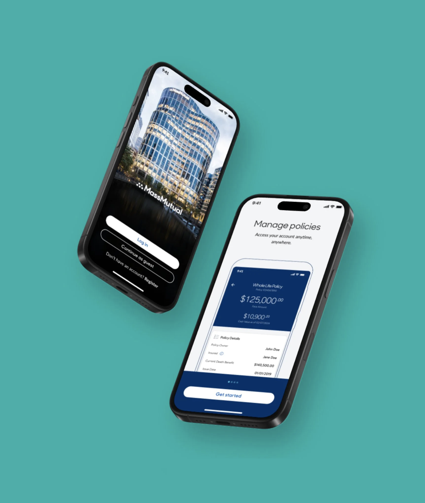 Two smartphones displaying financial apps against a teal background. The left phone shows a login screen for MassMutual, and the right phone shows a policy management page with an insurance policy details.