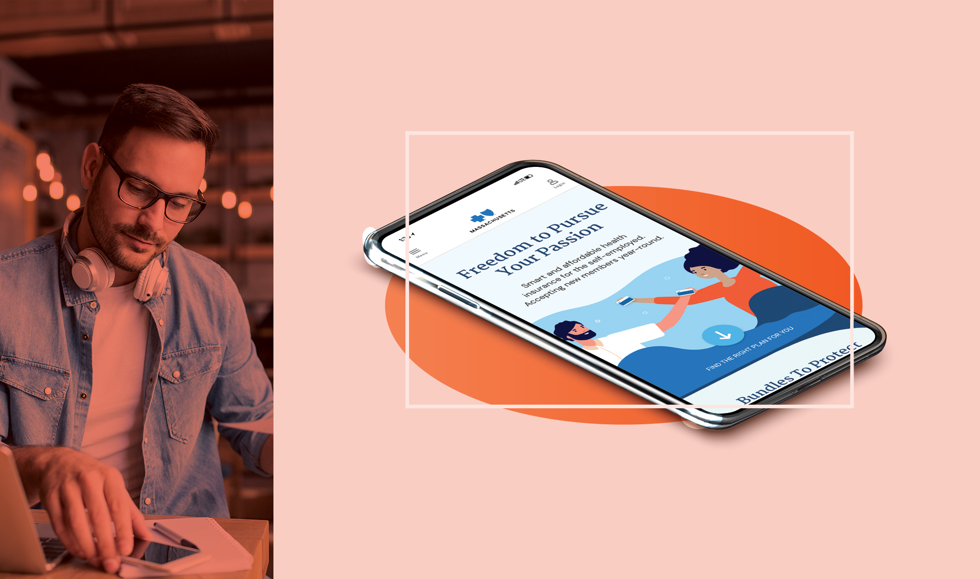 View of man working and phone with Bluecross benefits page