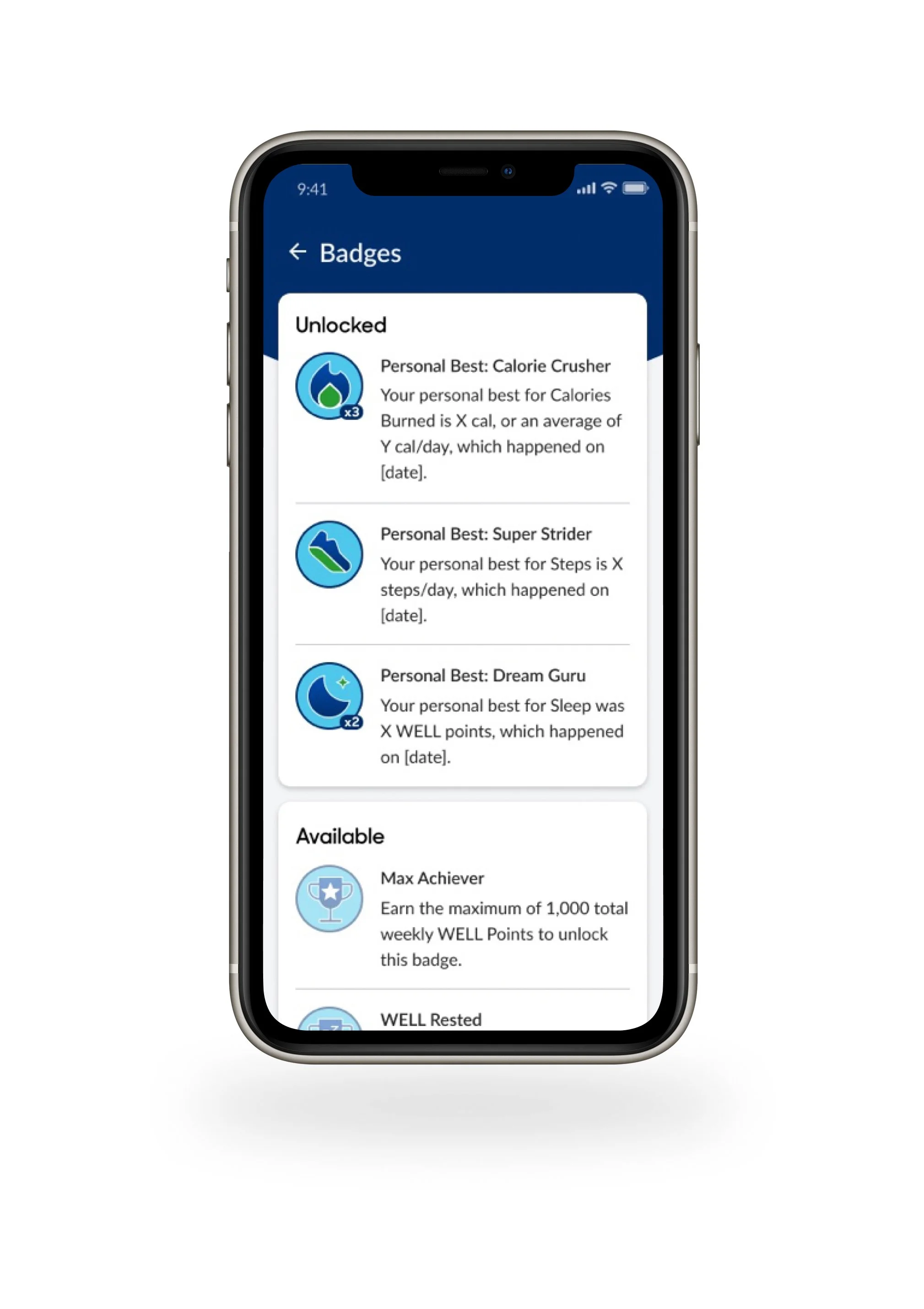 View of mobile badges that can be unlocked for healthy activity