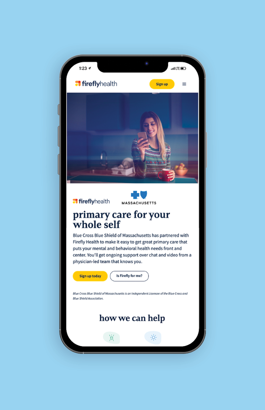 Homepage on mobile to sign up for Firefly behavioral health services