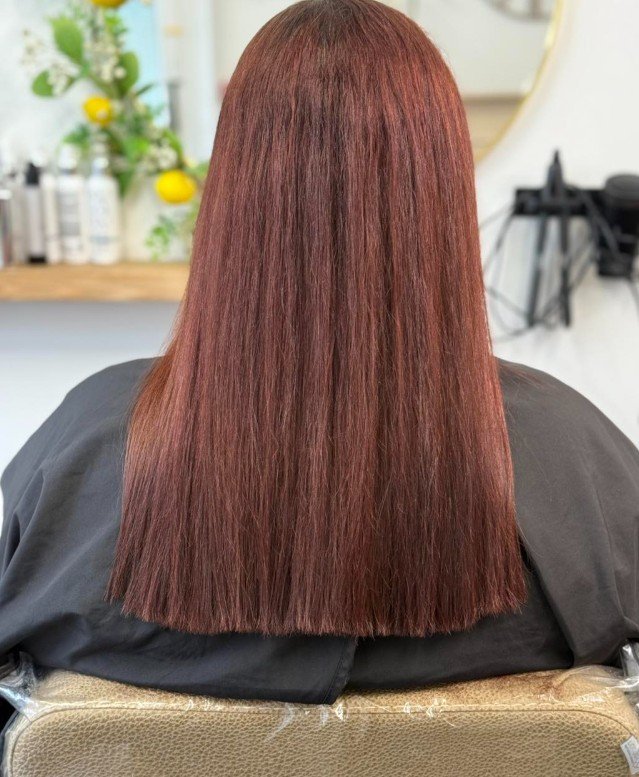 Back view of a person with straight, shoulder-length, reddish-brown hair in a salon setting.