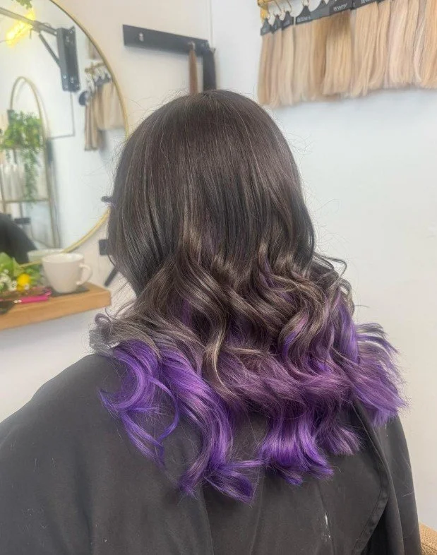 Back view of a person's head with shoulder-length dark hair that fades into purple curls at the ends.