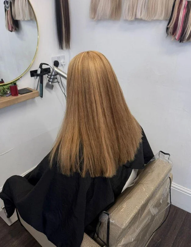 A woman with straight, shoulder-length, light brown or blonde hair sitting in a salon chair, with hairdressing tools and hair extensions hanging on the wall behind her.