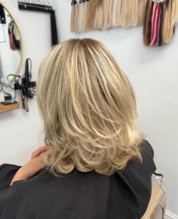 Back view of a woman with shoulder-length, blonde, layered hair in a salon.