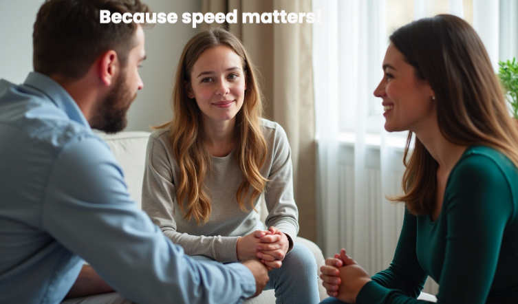 Three people having a counseling session in a living room with natural light, with the text 'Because speed matters!' at the top.