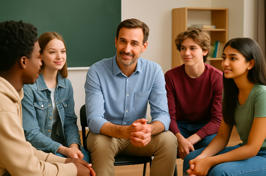 A teacher or counselor in a classroom sitting and talking with four students, engaging in a discussion.