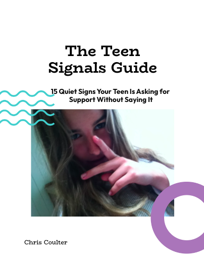 Cover of a book titled "The Teen Signals Guide" with a subtitle "15 Quiet Signs Your Teen Is Asking for Support Without Saying It." The cover features a photo of a young girl with long hair making a peace sign near her face. The author's name, Chris Coulter, is at the bottom.