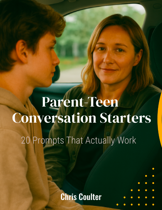 A woman and a teenage boy sitting in a vehicle, engaged in a conversation. The woman is looking at the camera with a slight smile, while the boy is looking away. The scene suggests a parent-teen communication setting.
