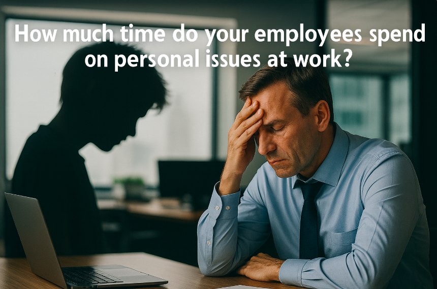 father at work, visibly stressed dealing with a child at home