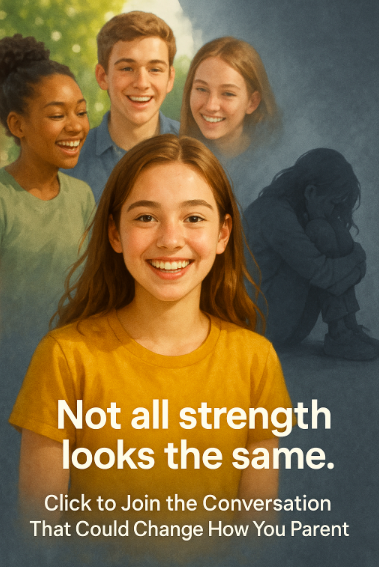smiling, confident, happy teenage girl surrounded by friends with a dark side
