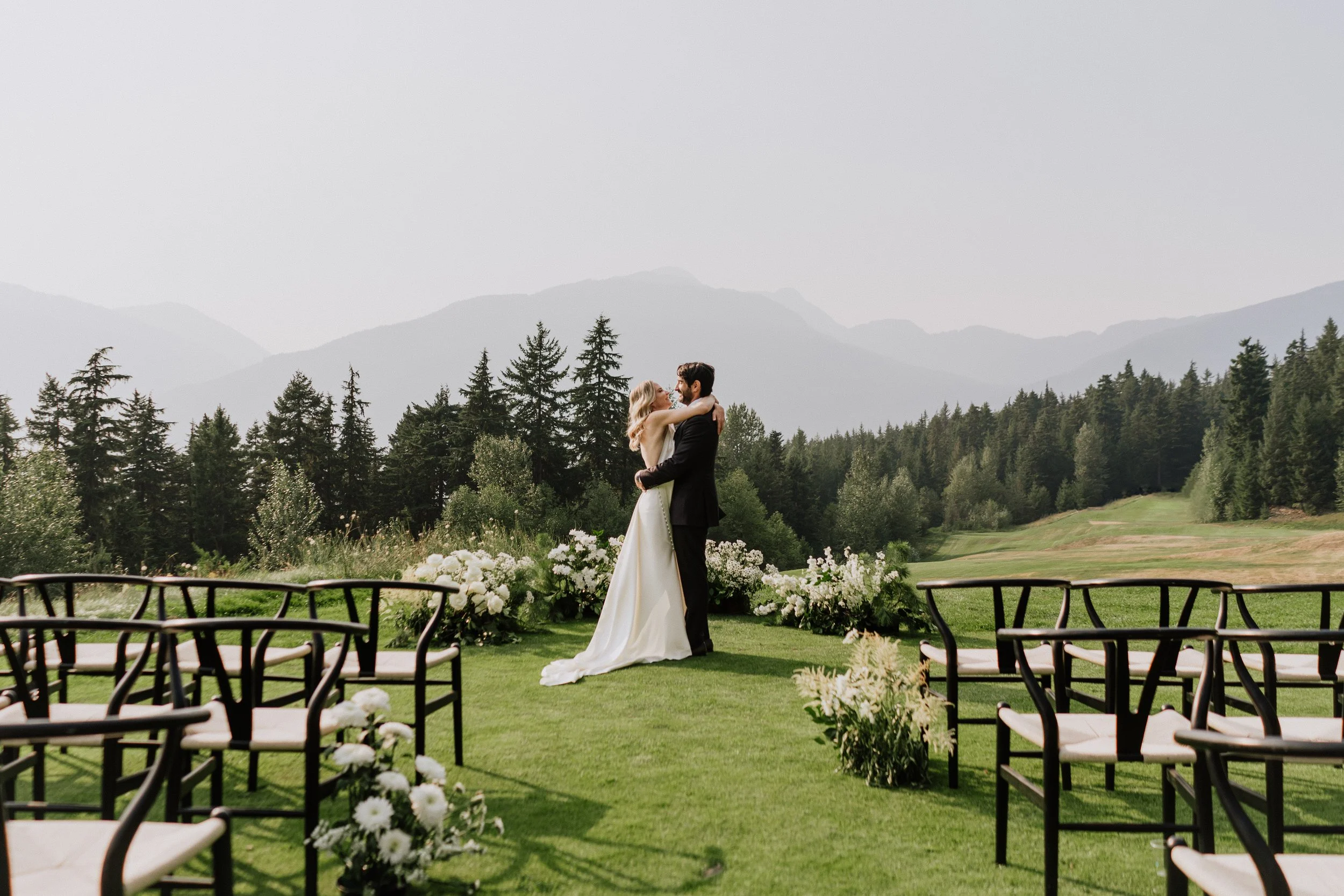 Whistler wedding ceremony with panoramic mountain views, planned and designed by Bliss.