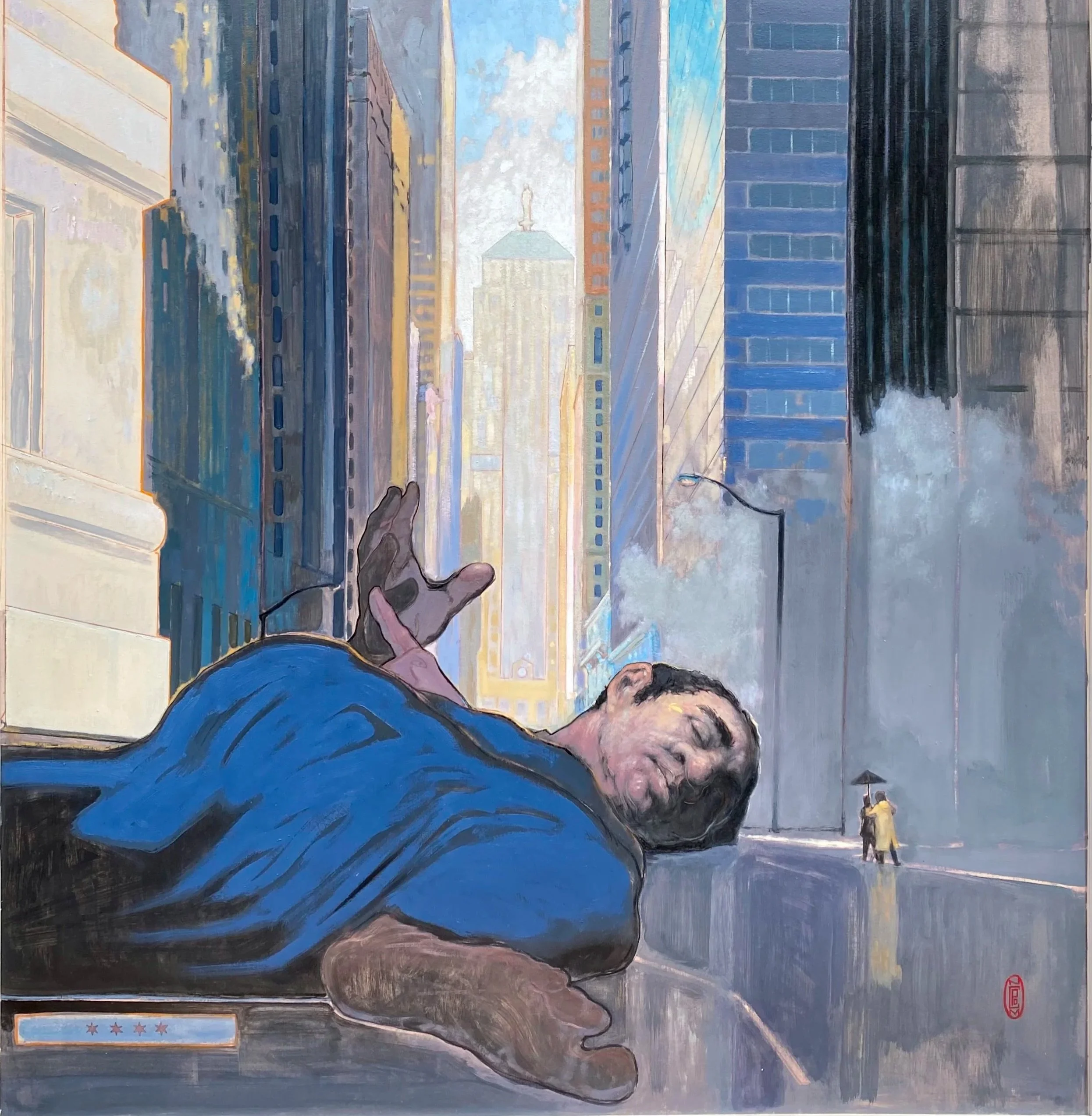 Impressionist landscape painting with a grassy hill, trees, and cloudy sky.