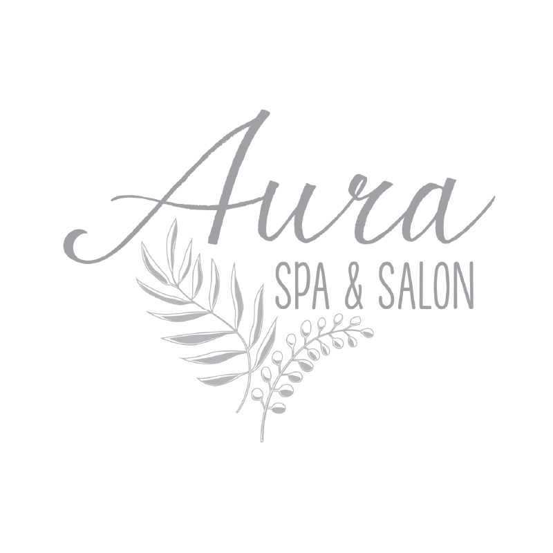 Logo for Aura Spa & Salon with elegant script font and botanical design in gray on white background.