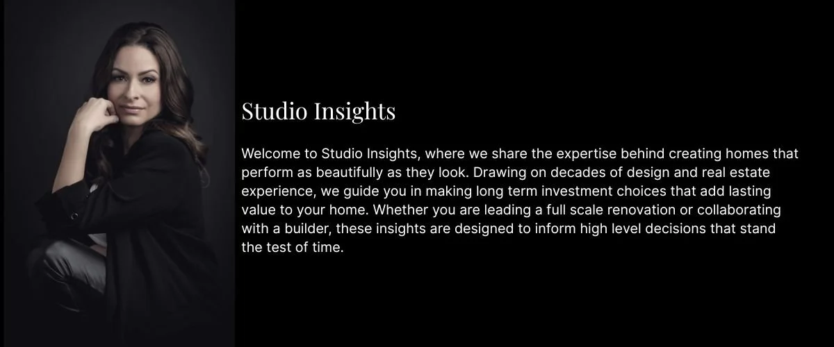 Studio Insights Blog banner for BedfordBrooks Design featuring warm interiors and architectural plans