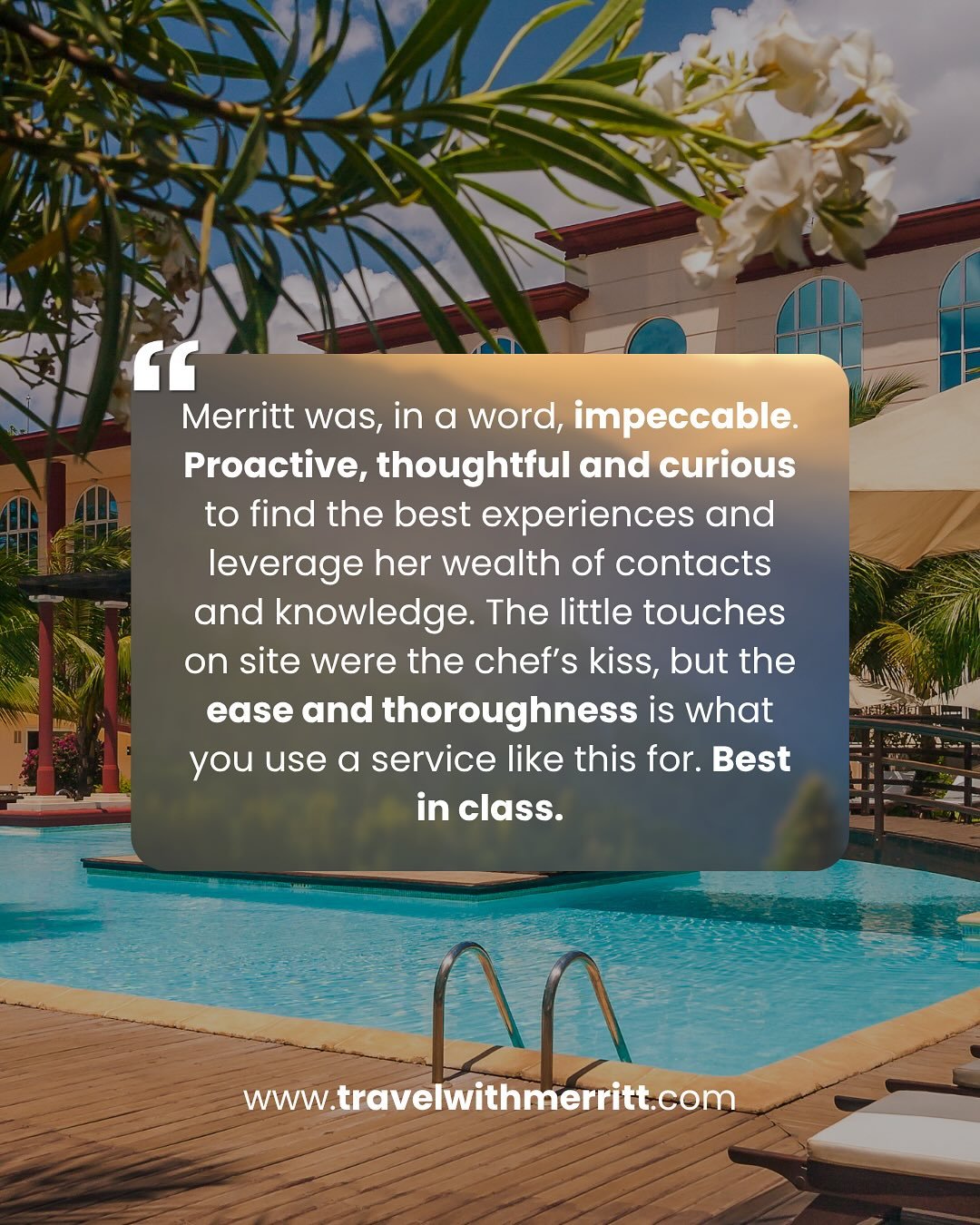 These are some recent quotes from clients who have worked with me.
What I do is simple but powerful: I help busy, discerning travelers plan exceptional journeys without the stress of logistics. From luxury hotel bookings with perks like breakfast, u