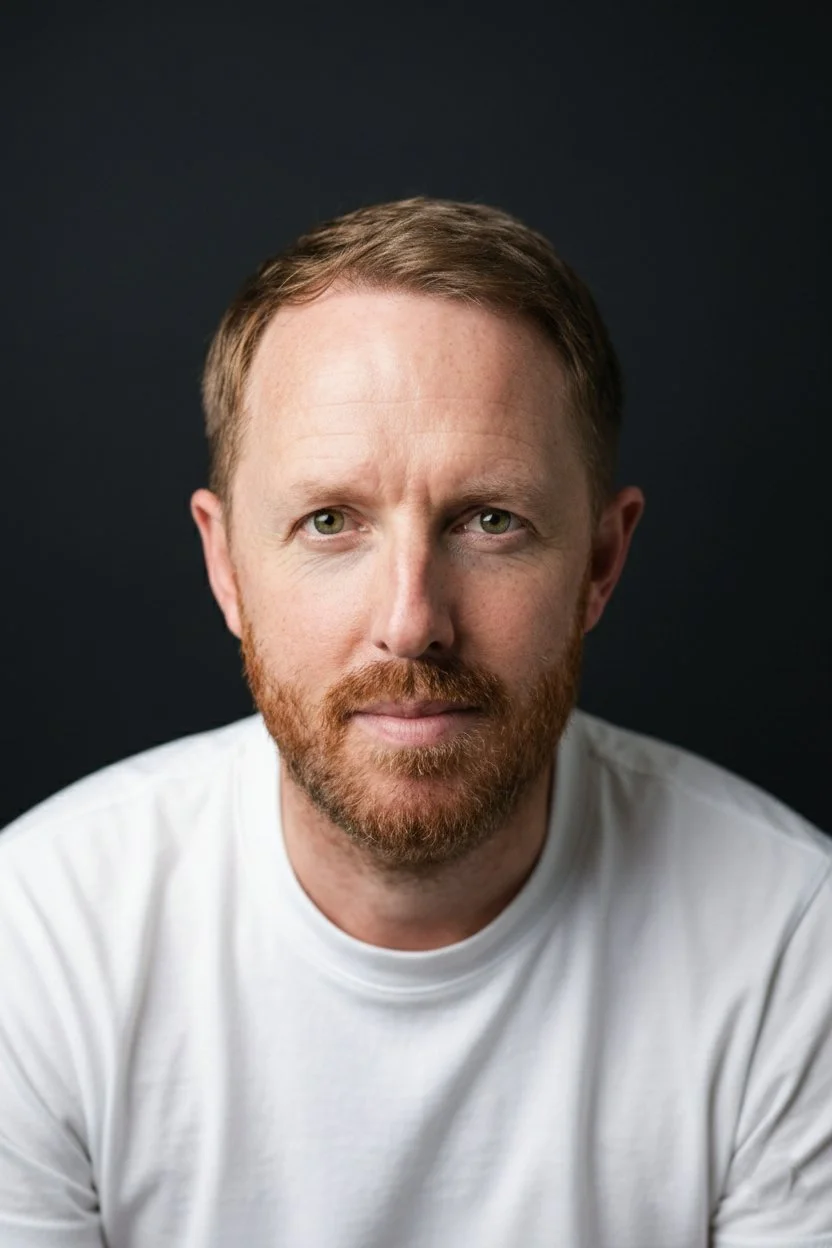 Close-up portrait of a man with short, light brown hair, a red beard, and green eyes, wearing a white shirt against a dark background.