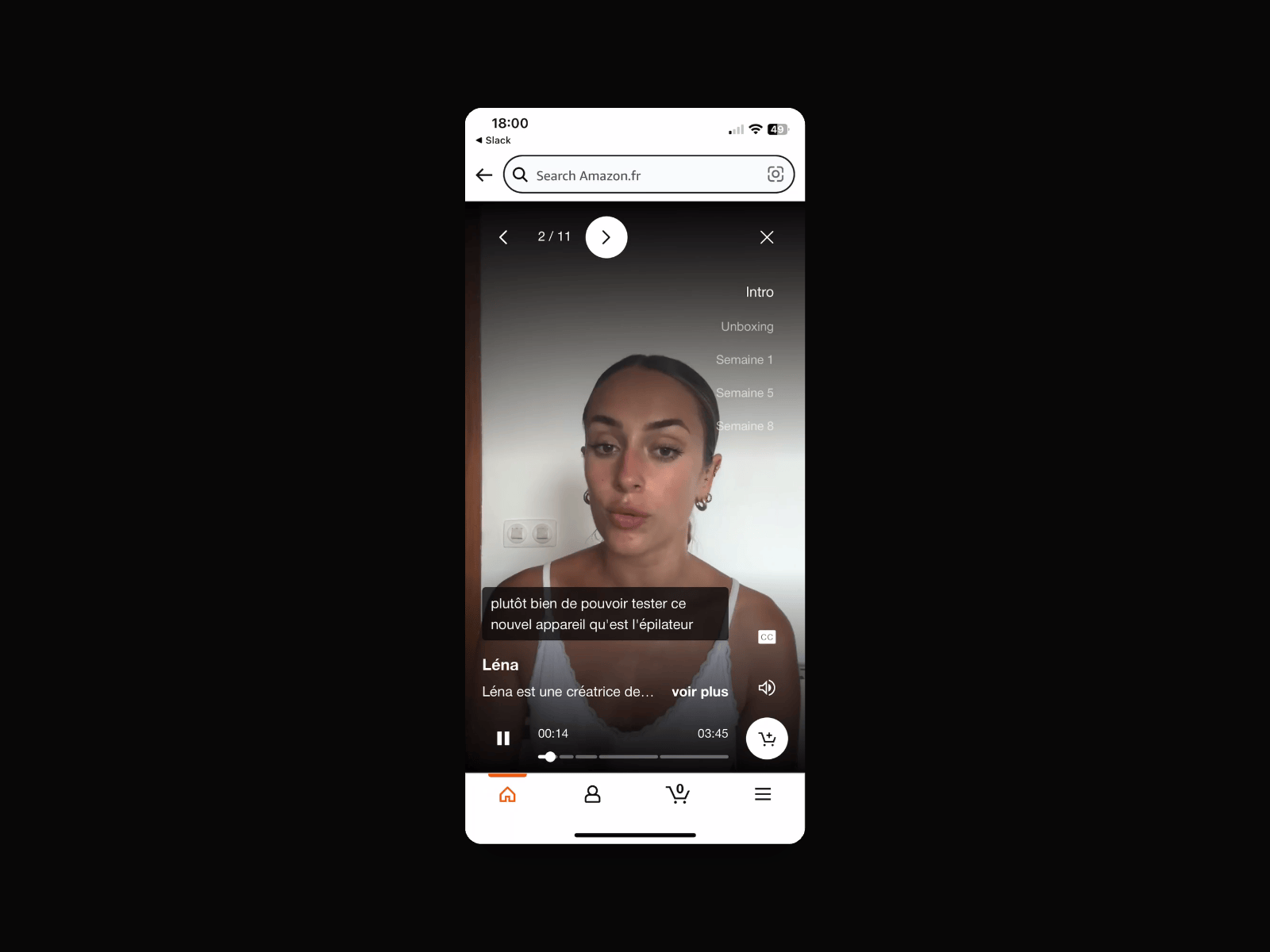 A woman with dark hair and earrings speaking in a video on a mobile phone screen, with a subtitle in French, a playlist of videos on the right, and navigation menu icons at the bottom.
