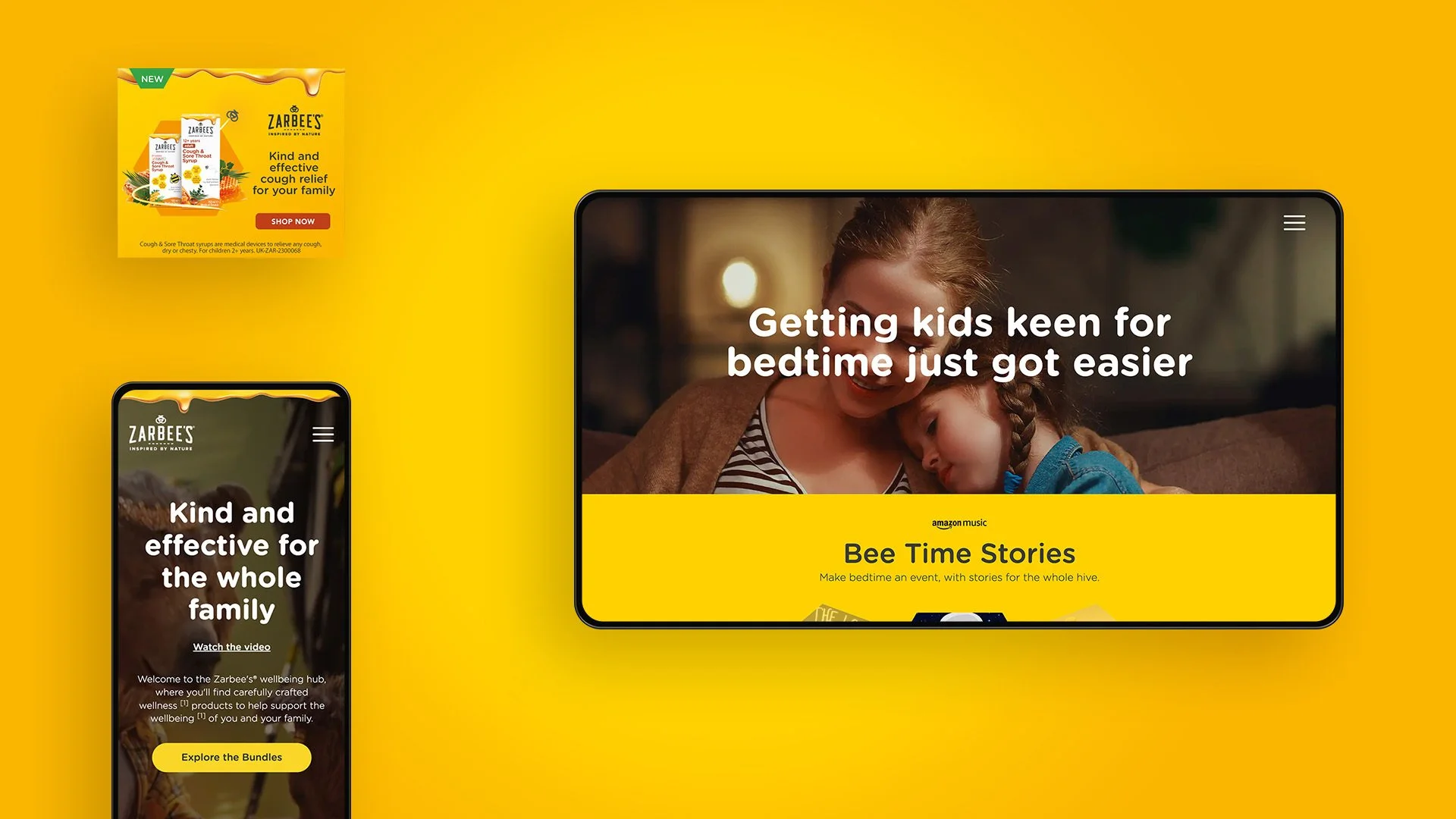 A bright yellow background features a screenshot of a website or app with a mother and child resting their heads together, smiling. The text overlay reads, 'Getting kids keen for bedtime just got easier.' To the left, part of another screen shows the phrase, 'Kind and effective for the whole family,' with a yellow button below labeled, 'Explore the Bundles.' A smaller ad above shows a box of Zarbee's cough syrup and the text, 'Kind and effective cough relief for your family,' with a red button labeled, 'Shop Now.'