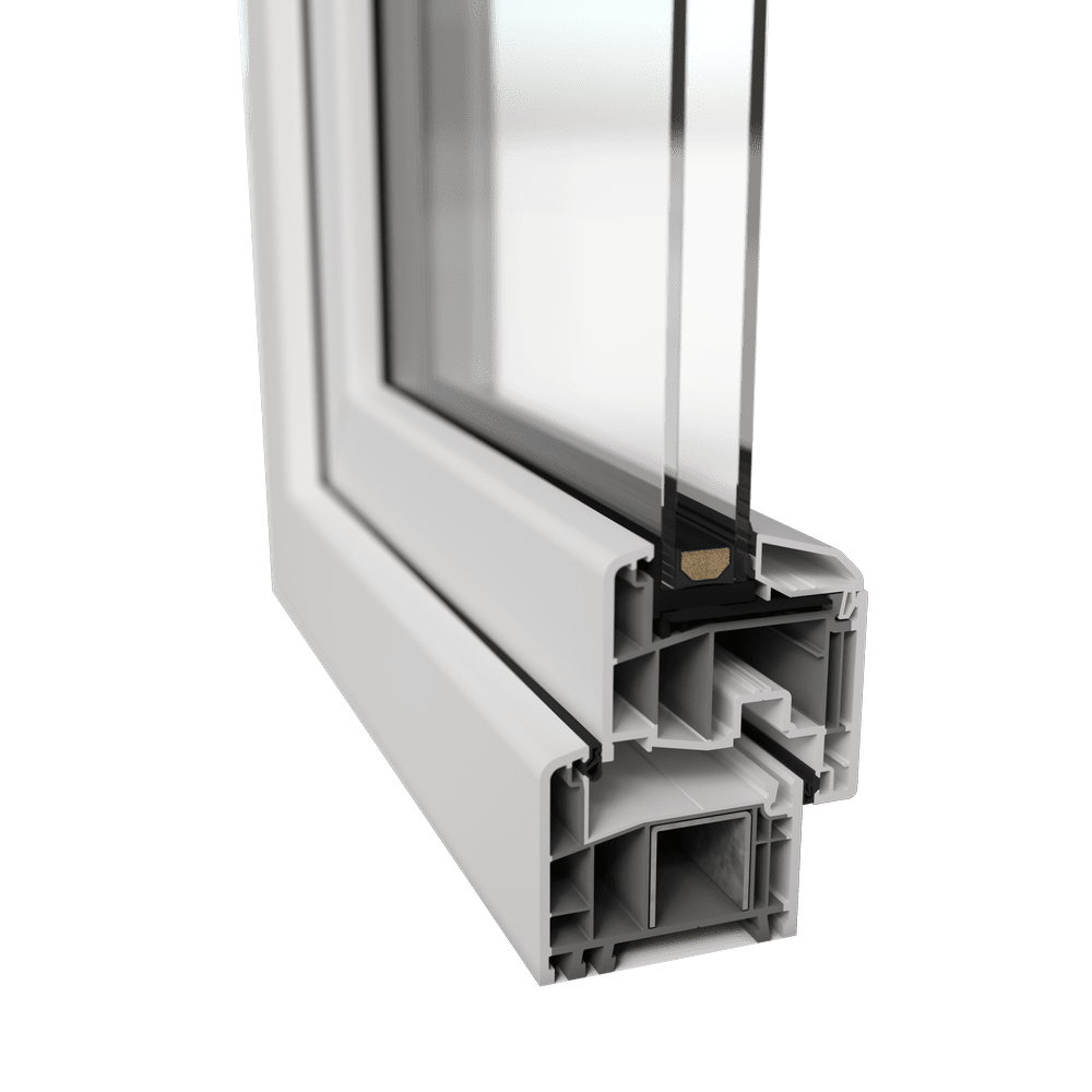 Cutaway of a GALAA tilt-and-turn uPVC window profile showing the chamber structure and seals